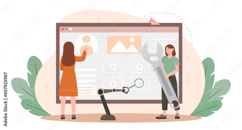 Poster interface customization concept. girls developing page design. setting up elements on website. conce