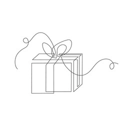 Gift one-line art, hand drawn continuous contour. Doodle, sketch style, minimalism. Holiday present, festive surprise, souvenir. Isolated. Vector illustration