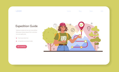 Expedition guide web banner or landing page. Tourists hiking, making tent