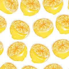 Seamless pattern with hand drawn lemons, sketchy design. Modern textured wallpaper.