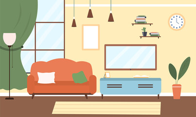Living room interior. Ordinary apartment, comfortable place for work and rest. Sofa and mirrors. Bright home, stylish and modern design. Plant, mirror, window. Cartoon flat vector illustration