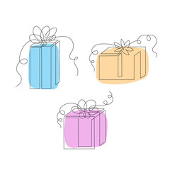 One-line gifts set, hand drawn continuous contours. Doodle, sketch style, minimalism. Holiday present, festive surprise, souvenir. Isolated. Vector illustration