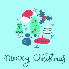 Winter composition of simple christmas elements. Template for a Merry Christmas greeting card. Hand sketched illustration. Colorful poster. Postcard motive