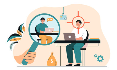 Concept of online crime. Fraudster chooses victim, gullible person, inexperienced user. Intruder in magnifying glass looks at office worker. Social media, internet. Cartoon flat vector illustration - obrazy, fototapety, plakaty