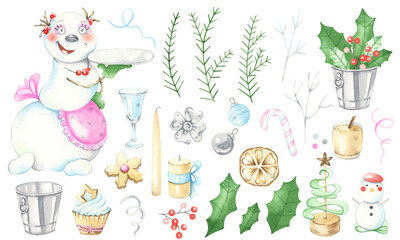 Fototapeta premium Cute snowman hostess. Christmas and New Year treats. Watercolor set.