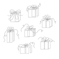 One-line gifts set, hand drawn continuous contours. Doodle, sketch style, minimalism. Holiday present, festive surprise, souvenir. Isolated. Vector illustration