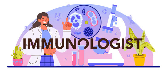 Immunologist typographic header. Doctor in medical protective suit threatens