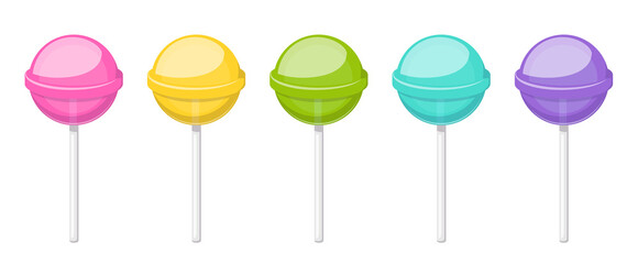 Lollipop, round hard sugar candy on stick. Mint, fruit and berries taste lollypops. Vector cartoon set of colored sweet caramel suckers on sticks isolated on white background