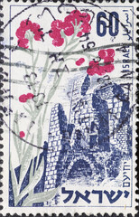 Israel circa 1954: A post stamp printed in Israel showing a Straw Flower; Yehi’am Crusader Fortress, Western Galilee