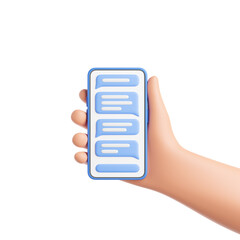 Cartoon character hand holding smartphone with text bubble messenger app isolated over white background.