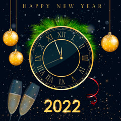 2022 new year card design with clock, champagne and decorations