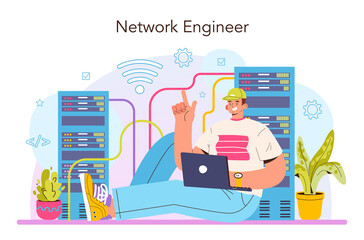 Network engineer concept. Specialist setting up, developing