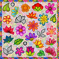 Bright doodling flowers clipart for scrapbooking, cardmaking, party decoration