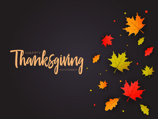 Happy thanksgiving background with leaves. Can be used for poster, banner, flyer, invitation, website or greeting card. Vector iisolated llustration on black background