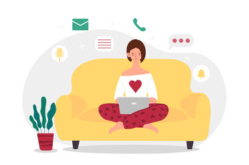 Working at home. Young girl sitting on couch and typing something on laptop. Remote employee concept, freelance. Coworking space, comfortable. Online career. Cartoon flat vector illustration