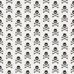 simple vector pixel art black and white seamless pattern of abstract human skull and crossbones