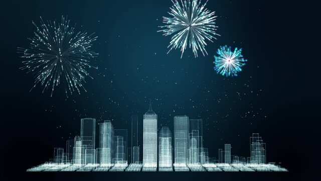 Digital cityscape with skyscrapers and landmarks and New Year Eve  fireworks background.

