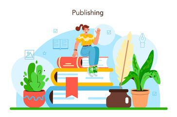 Publisher concept. Editor working on book, newspaper and magazine