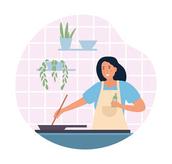 Cook food at home. Hostess busy preparing meal, meeting guests. Girl does household chores, routine, indoor. Happy family, wife prepares surprise for her husband. Cartoon flat vector illustration