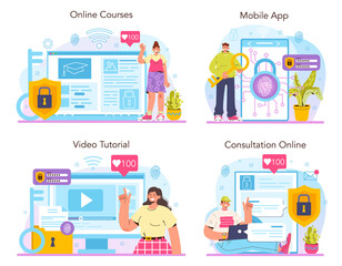 Cyber security specialist online service or platform set. Digital data