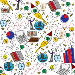 seamless set of hand-drawn colorful business elements, a doodle-style start-up for conceptual design, gift packaging, textiles, paper. vector illustration.The rocket is flying up, modern technology
