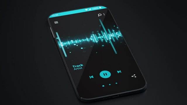 Phone is playing audio stream. Smartphone with music player app. 3D render animation