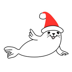 Naklejka premium Cute happy fur seal in red Santa hat lies on its side, waving his paw and smiling at you. Christmas ocean animal vector doodle illustration. Black outline isolated on white background.