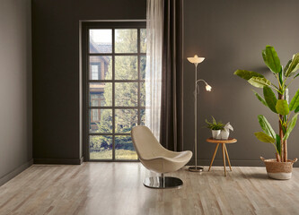 Living room corner grey wall background, windows garden view, lamp, vase of plant, chair and frame style.