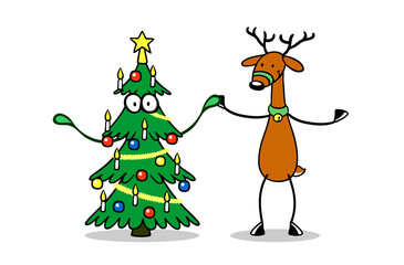 Tannenbaum und Rentier halten Hände als Weihnachtsmotiv