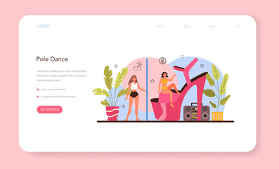 Female stripper web banner or landing page. Pole dancing woman in club