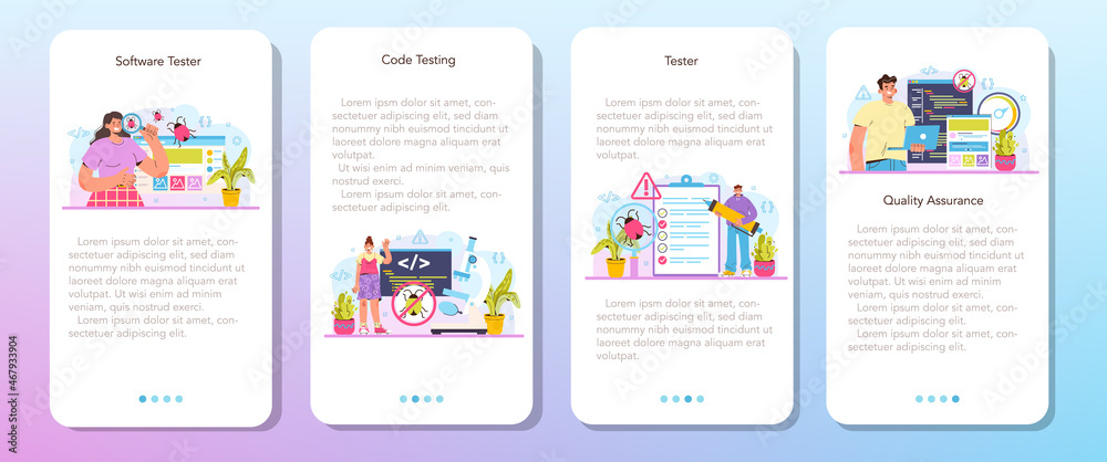 Poster software tester mobile application banner set. application or website