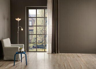 Fototapeta premium Living room corner grey wall background, windows garden view, lamp, vase of plant, chair and frame style.