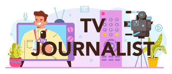 TV journalist typographic header. Television host in a studio