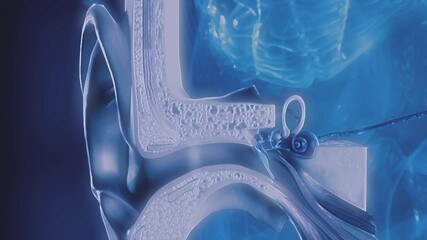 Human hearing mechanism anatomy cross section. 3D animation. 