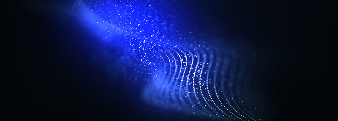 Blue particles wave background. Abstract dynamic mesh. Big data technology.