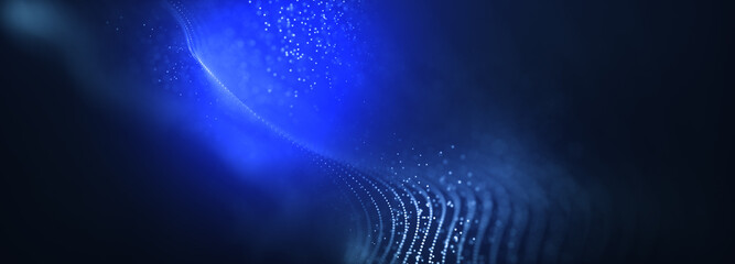 Abstract colorful digital particles wave with bokeh and light background, 3d render wave line dot background, line wave light glowing effect particular background.