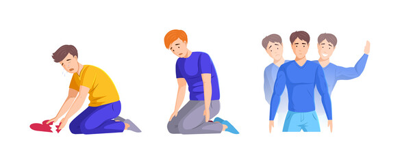 People mental states, fatigue man, diseases bipolar disorder, manic-depressive psychosis. Male suffering romance addiction feeling. Frustrated exhausted tired person with nervous problems.