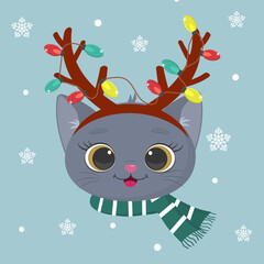 Happy New Year and Merry Christmas. Cute kitten of the British breed in deer horns with a garland and a scarf on a background of snowflakes. Cartoon, flat style, vector.