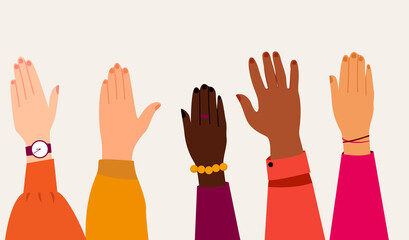 Hand stack of multi culture people. Palm pile of friends with different ethnicity. African and indian, caucasian person unity. Multi-ethnic teamwork or friendship. Team, teamwork, togetherness, group
