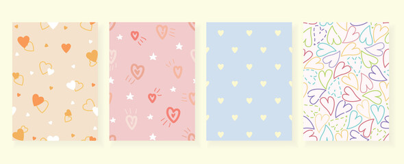 Romantic lively heart seamless pattern cards set in trendy square art templates for cute love and Valentine theme