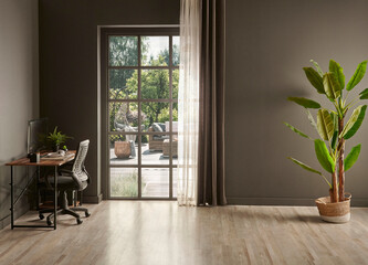 Decorative working room with table and computer style, office interior, table chair and frame style with lamp.
