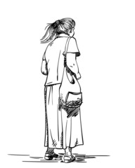 Sketch of standing aged woman in long skirt with hair in ponytail, Hand drawn vector illustration, View from back