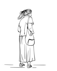 Sketch of standing aged woman in long skirt with hair in ponytail, Hand drawn linear vector illustration, View from back