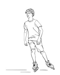 Sketch of teenage boy on rollers skating isolated on white background, Hand drawn vector linear illustration