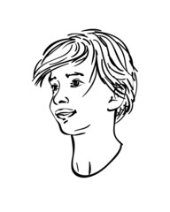 Sketch of isolated head of young attractive boy with big eyes, Hand drawn vector illustration
