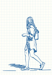 Woman in summer dress walking and looking away, Blue pen sketch on square grid notebook page, Hand drawn vector illustration