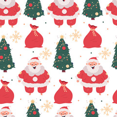 Christmas vector cartoon seamless pattern with Santa Claus, tree, sack and snowflake on a white background.