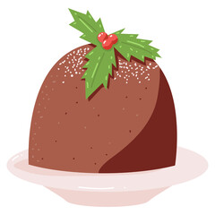 Christmas pudding with red holly berries on plate vector cartoon illustration isolated on a white background.