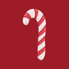 Candy cane vector cartoon illustration isolated on a red background.