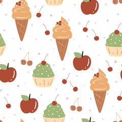 cute seamless pattern with cute cartoon of dessert and fruits. for fabric print, kids wallpaper